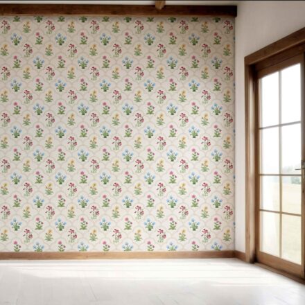 'Olea' Vintage-Inspired Floral Block Print Wallpaper (White/ Beige/ Pink/ Green/ Red/ Yellow/ Blue) - Image 7