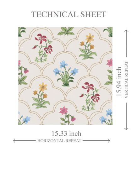 'Olea' Vintage-Inspired Floral Block Print Wallpaper (White/ Beige/ Pink/ Green/ Red/ Yellow/ Blue) - Image 8